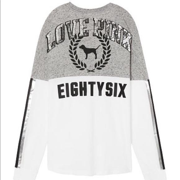 VS PINK SEQUIN BLING VARSITY VNECK LONG SLEEVE TEE - Picture 2 of 4